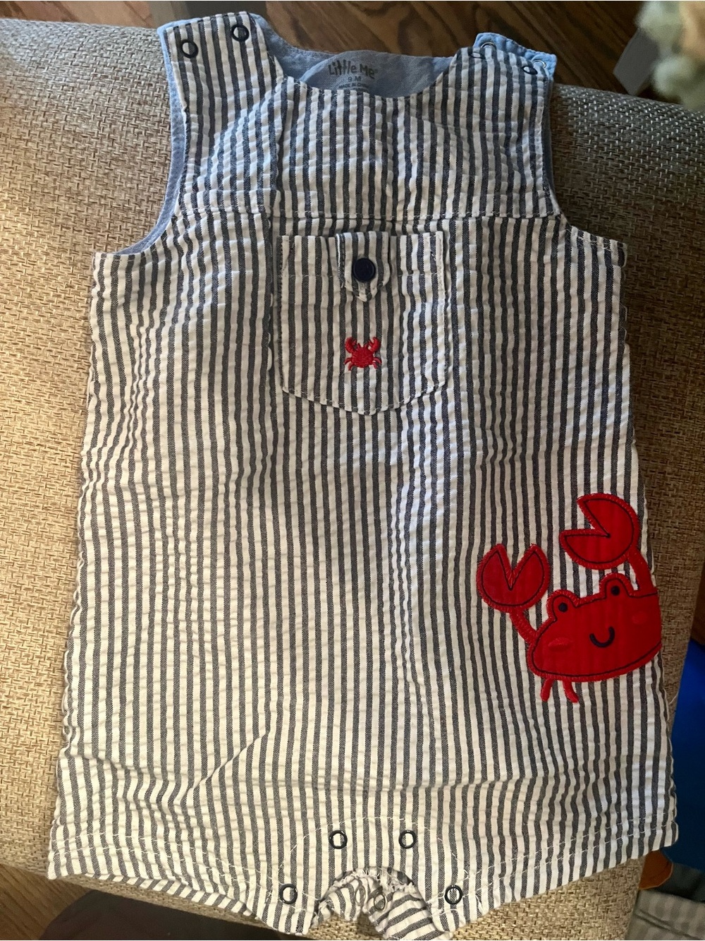 Little Me Navy & White Striped Crab Overalls